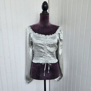 Japna Satin Smoked Long Sleeve Cropped Top Blouse Lighweight Ice Blue Sz L